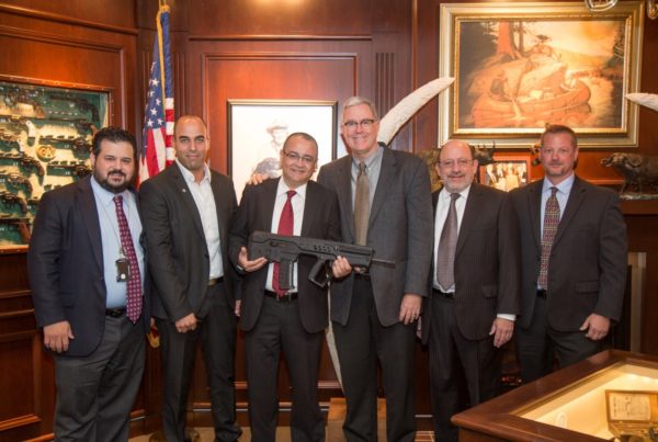 (L-R): Ed Friedman, Editor-in-Chief, Shooting Illustrated; Assaf Elias, IWI Executive Director; Shlomi Sabag, IWI US, Inc. President;  Jim Supica, NRA National Firearms Museum Director; Michael Kassnar, IWI US VP of Sales and Marketing; Casey Flack,  IWI US LE Division Sales Manager.