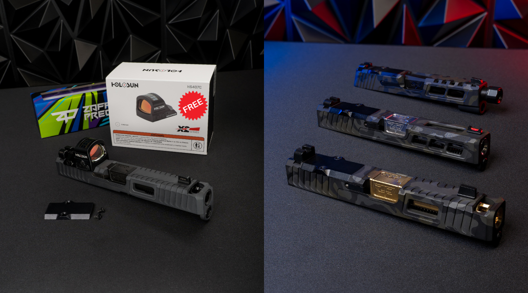 Split screen of Holosun + Zaffiri Precision products and 3 ZP slides