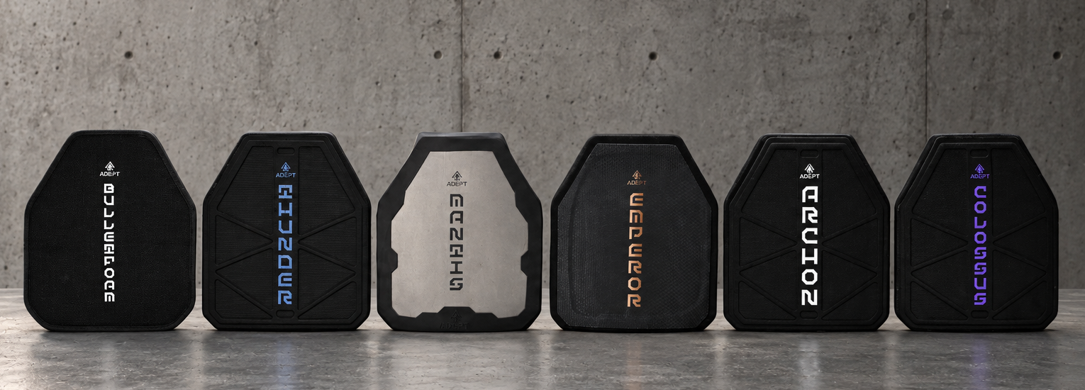full plate line up of 6 rifle plates from Adept Armor