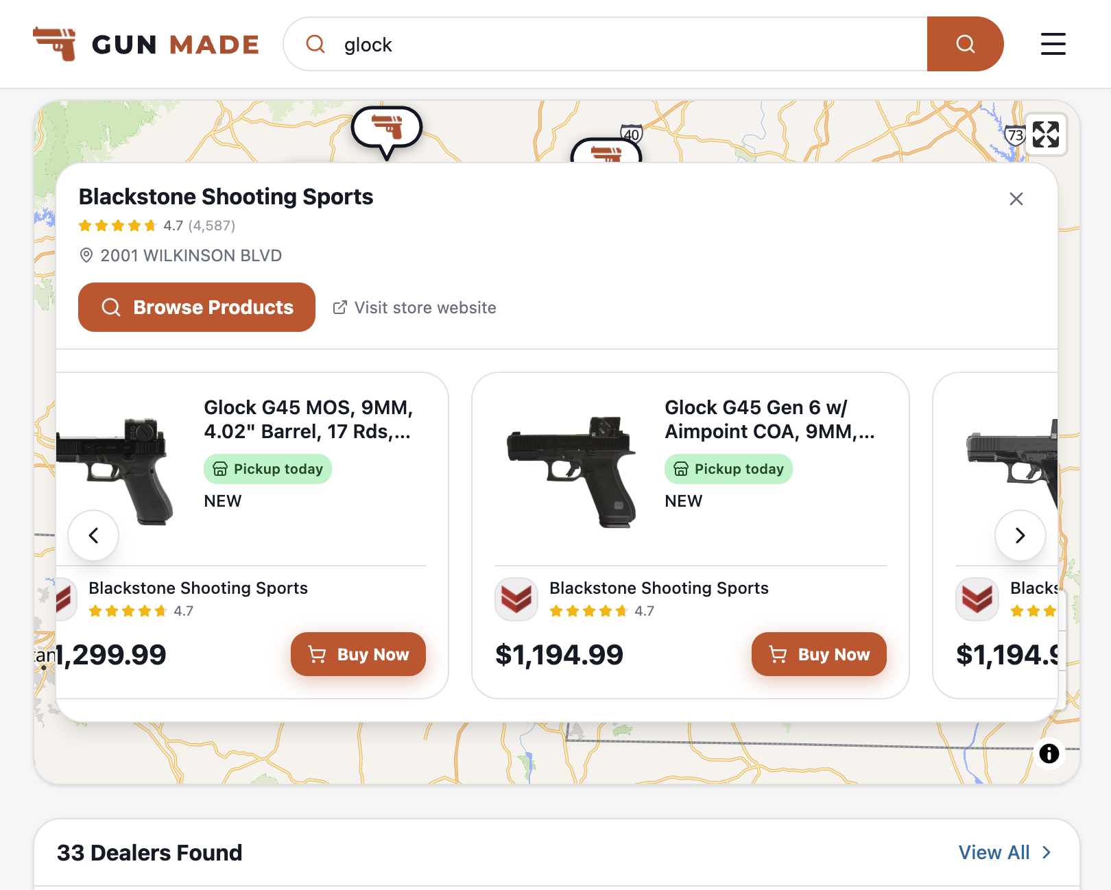 Screenshot of dealer locator on Gun Made