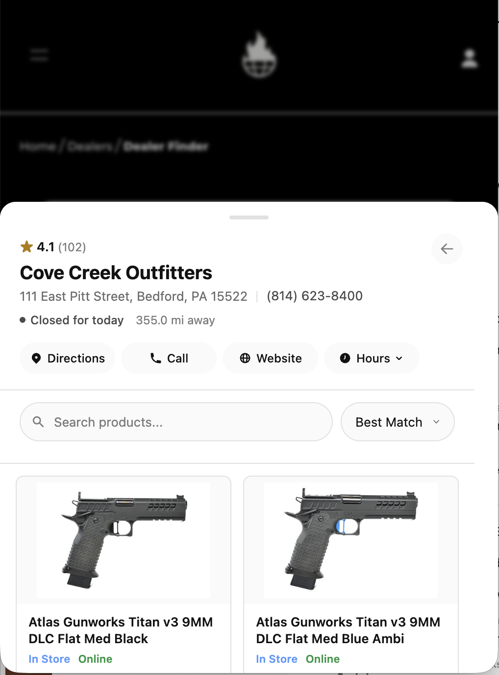 Screenshot of dealer widget on manufacturer's website