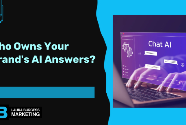 Futuristic interface showing AI chat responses being typed on a laptop keyboard with the question about brand ownership of AI answers.