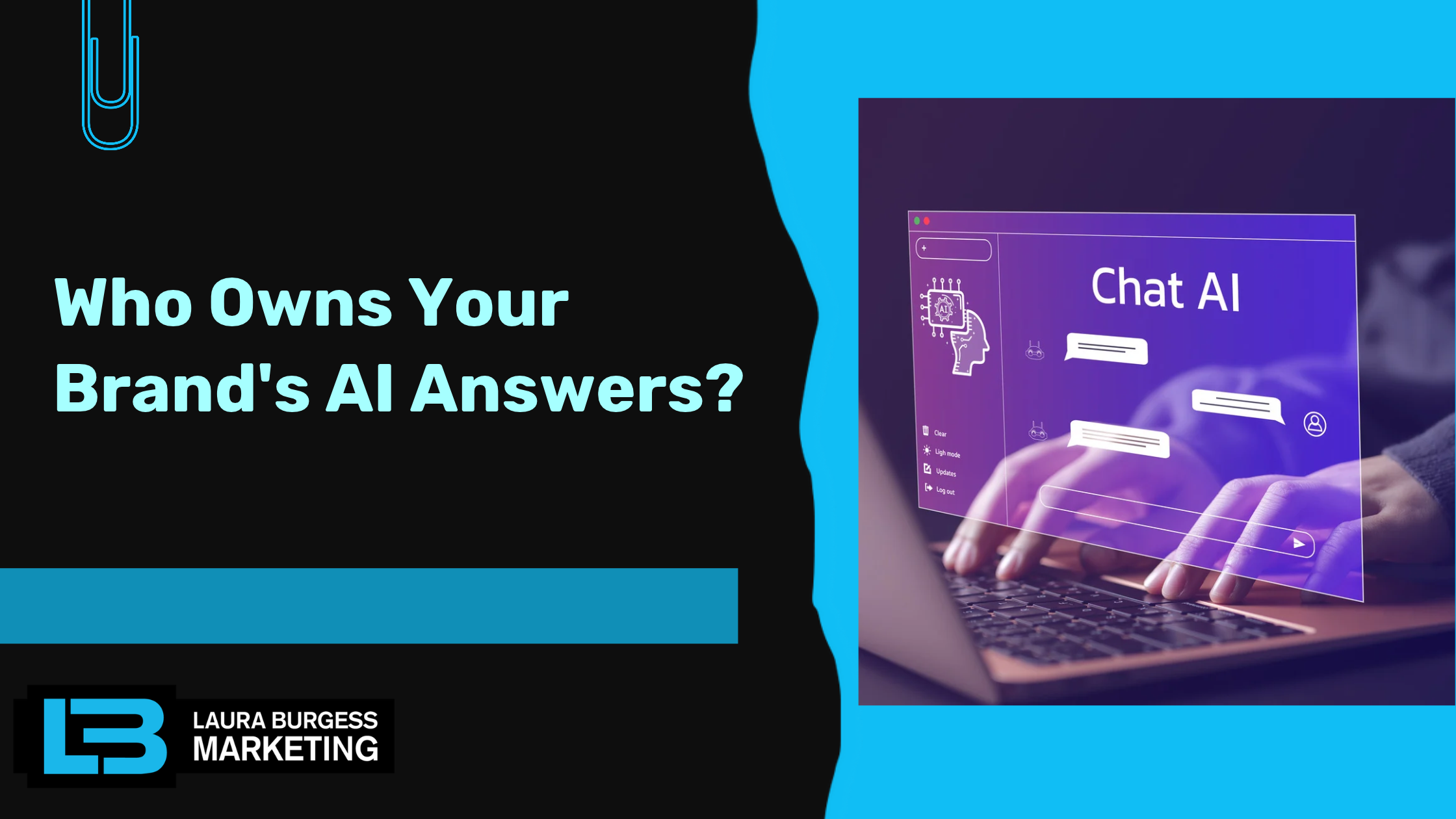 Futuristic interface showing AI chat responses being typed on a laptop keyboard with the question about brand ownership of AI answers.